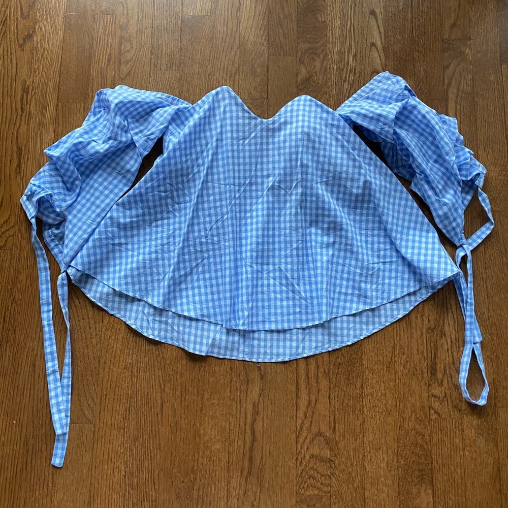Alpha Omega blue plaid top with detached sleeves